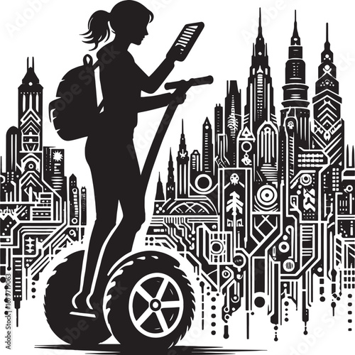 Silhouette of a Woman on a Segway with City Skyline and Digital Circuitry Elements