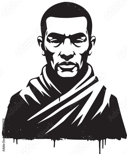 Stylized monochrome portrait of a contemplative figure with text