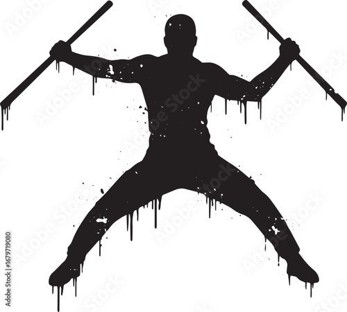 Dynamic silhouette of a martial artist wielding dual staffs with