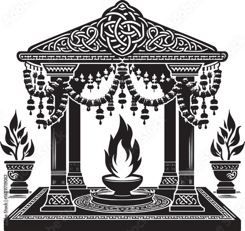 Intricate Black and White Illustration of a Ceremonial Altar with Fire and Decorative Elements