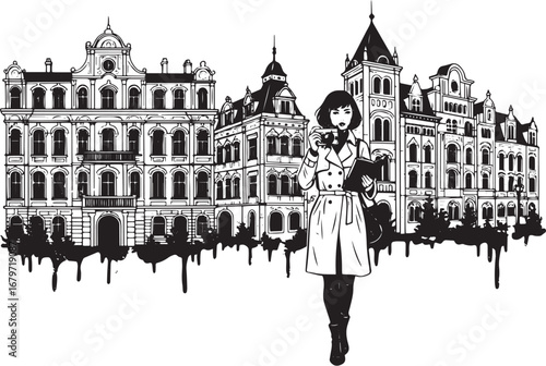Stylish tourist in vintage city with camera and sketchbook illus