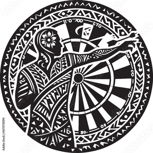 Intricate black and white illustration of a darts player aiming at a target within a circular