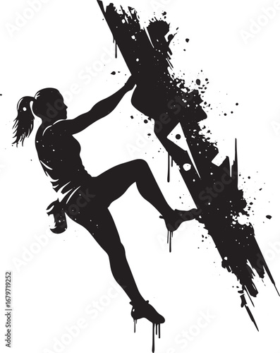 Dynamic monochrome silhouette of a woman rock climbing with abst