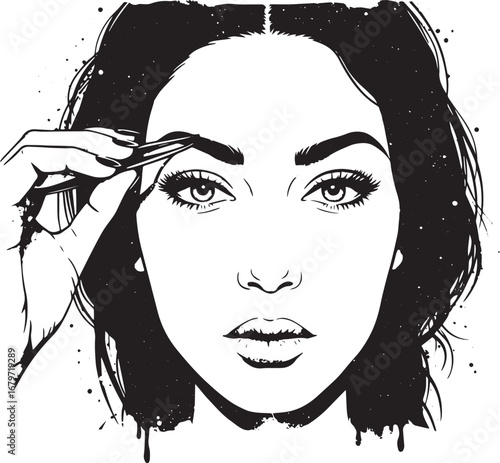 Black and white illustration of a woman shaping her eyebrows wit