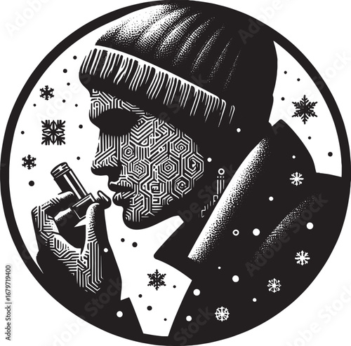 Artistic Monochrome Illustration of a Person Vaping in a Winter Setting with Geometric Design
