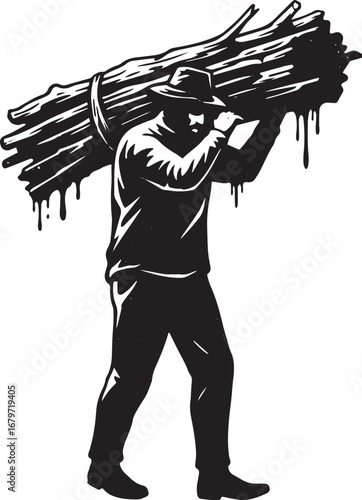 Monochrome illustration of a man carrying wood on his shoulders,