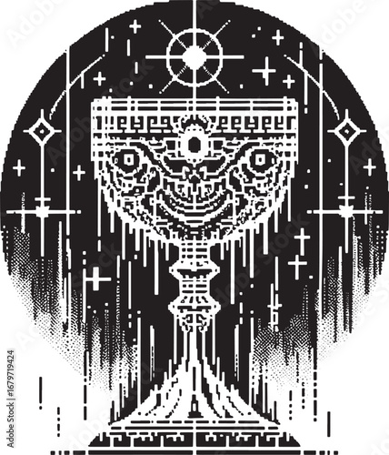 Intricate Black and White Pixel Art Illustration of a Mystical Chalice within a Celestial Sphere