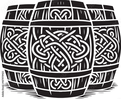 Three Vintage Beer Barrels with Celtic Knot Designs in a Black and White Illustration