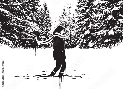 Solitary figure braving the wintry forest landscape artistic rep