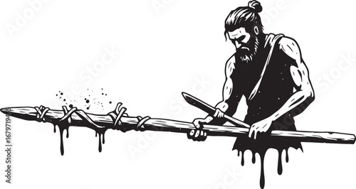 Primitive craftsmanship: Man creating a spear, honing ancient sk