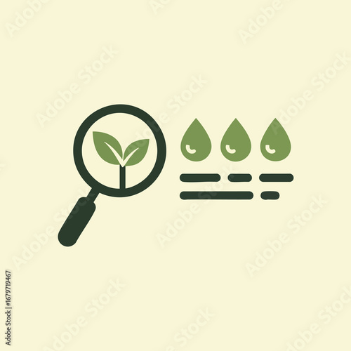 Magnifying glass examining plant growth and water drops representing environmental research and sustainability.