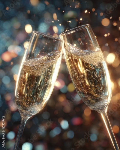 Dynamic Champagne Toast - Clinking Flutes Splash Amidst Sparkling Bokeh Lights.