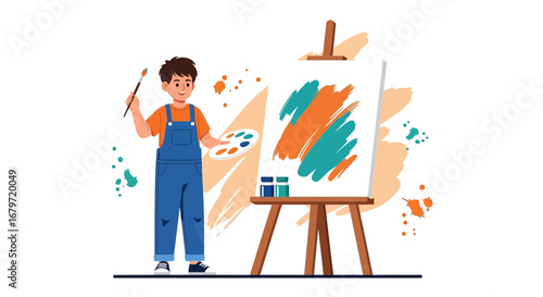 Creative Young Artist Painting on Canvas with Brush and Palette in Bright Color