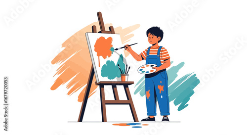 Creative Young Artist Painting On Canvas with Paints Illustrating the Artwork Process