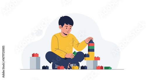 Creative Young Child Stacking Colorful Toy Blocks While Sitting and Concentrating