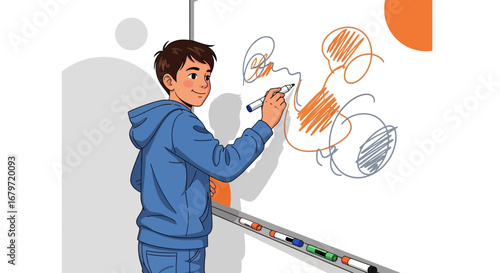Creative Young Person Drawing Abstract Art with Marker Pen on a Whiteboard Surface