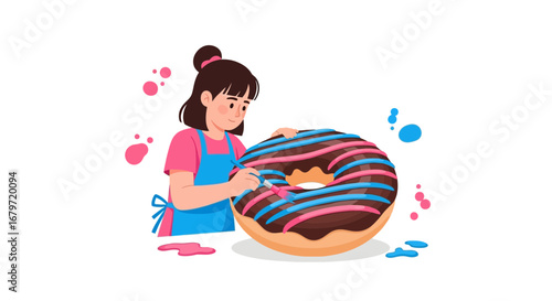 Creative Young Person Decorating Giant Doughnut With Colorful Icing Design Art