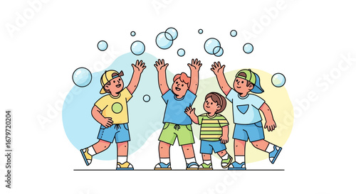 Children Playing With Bubbles, Colorful And Lighthearted Vector Illustration Of Joyful Kid