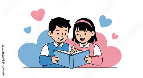 Children Reading Together With Heart Shapes Illustrating Friendship and Love
