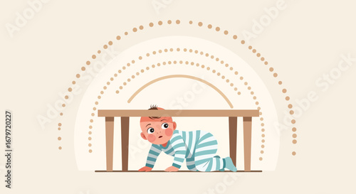 Curious Baby Explores Beneath Table With Vector Illustration And Stylish Design