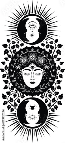 Mystical Celestial Woman with Sun Moon and Floral Elements face vector