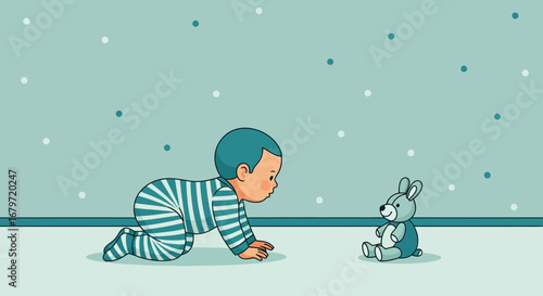 Curious Baby Crawling Towards A Plush Bunny In A Whimsical And Soothing Illustration