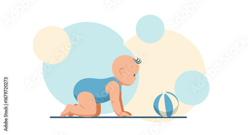Curious Baby Exploring, Crawling Towards a Bright Striped Ball in a Playful Scene