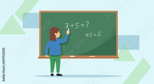 Childrens Education Depicted With A Teacher At The Board And Mathematical Symbols