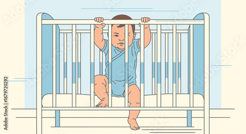 Curious Baby Standing In Crib Grasping Bars Ready to Explore the World Beyond