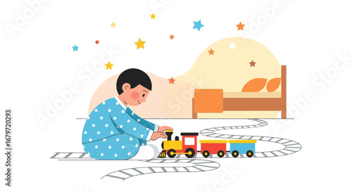 Children's Dreamland Fantasy: A Boy Plays With Toy Train in a Magical Bedroom Scene