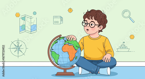 Curious Child Explores Globe, Discovering World's Wonders And Expanding Horizons