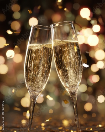 Sparkling Champagne Flutes Clinking Amidst Golden Bokeh Lights and Festive Confetti.