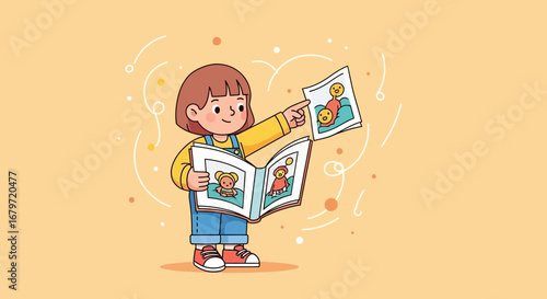 Curious Child Exploring Pictures Illustrated in Children's Book and Discovering Fun Moments