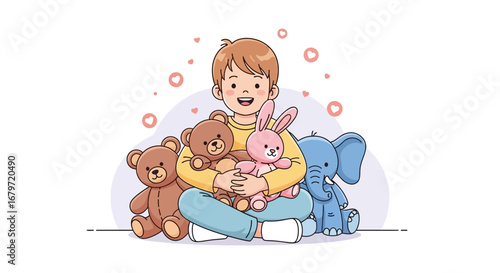 Child's Delight: A Cheerful Boy Embracing His Stuffed Animal Collection