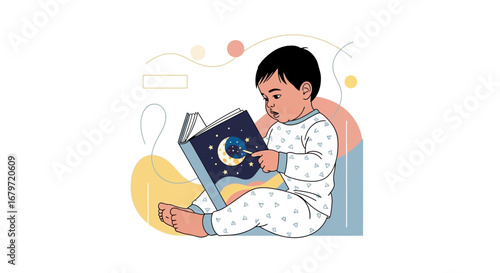 Curious Child Reading Magical Storybook During Evening Time With Abstract Background Details