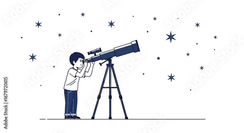 Curious Child Stargazing Through Telescope Under A Sparkling Animated Night Sky
