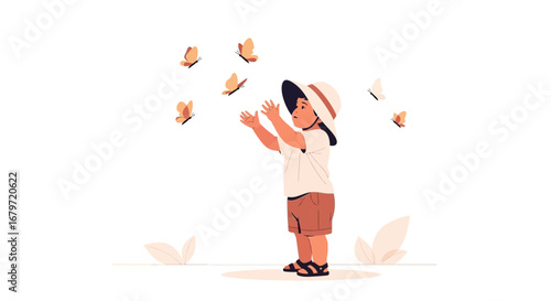 Curious Child Reaches Toward Fluttering Butterflies In A Bright, Clean Illustration