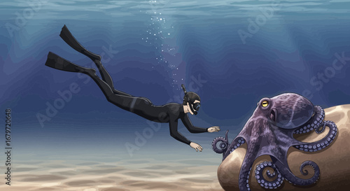 Curious Encounter: A Diver Interacts With A Large Octopus Underneath The Sea
