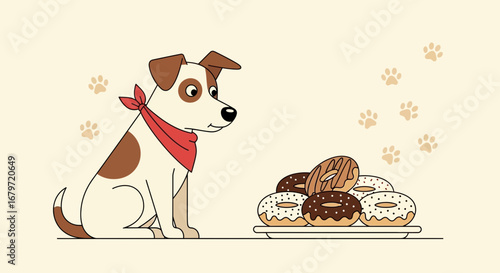 Curious Dog Contemplates Delicious Donuts and Paw Prints in Whimsical Illustration