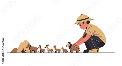 Child's Imaginative Safari Adventure Featuring Wooden Toy Animals and Exploration