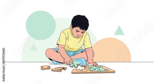 Child's Introspective Moment While Solving Jigsaw Puzzle, Focus and Cognitive Development