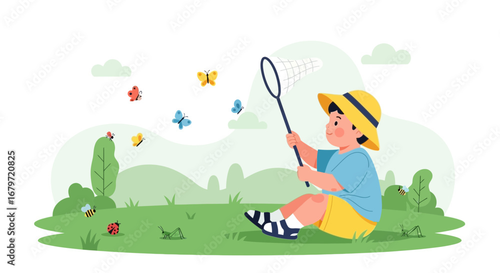 Obraz premium Child's Joyful Summer Fun, Chasing Butterflies with Net in a Green Meadow