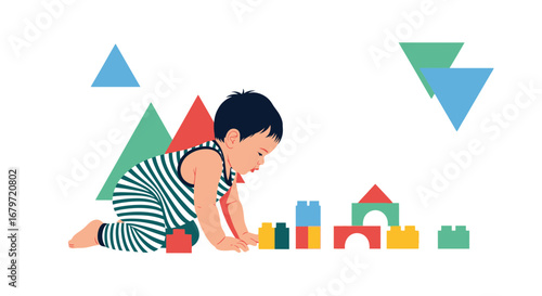 Curious Infant Interacting With Colorful Blocks For Early Childhood Development