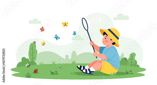 Child's Joyful Summer Fun, Chasing Butterflies with Net in a Green Meadow