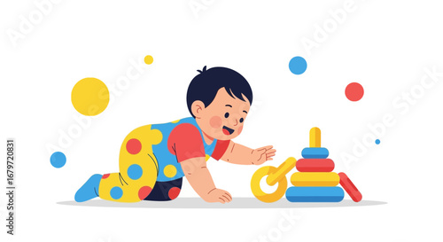 Curious Infant Playing With Colorful Stacking Toy, Development and Learning Concept