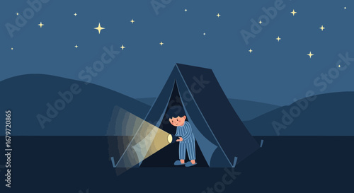 Child's Nighttime Camping Adventure Under a Starry Sky and Illuminated Tent Exploration
