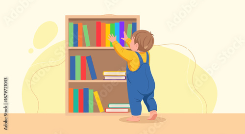 Curious Toddler Reaches For Colorful Bookshelf Books, Embarking On A Literary Adventure