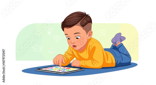 Curious Young Boy Interacting with Digital Tablet While Learning and Having Fun