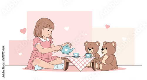 Child's Playtime: Illustrative Depiction of Girls Tea party With Teddy Bears In Pink