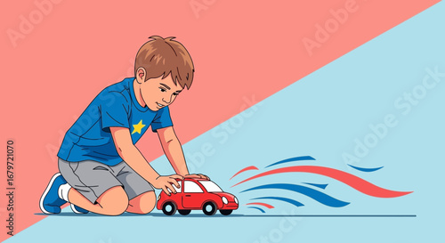 Child's Playtime Illustration Depicting A Boy With A Toy Car, Fun And Happiness